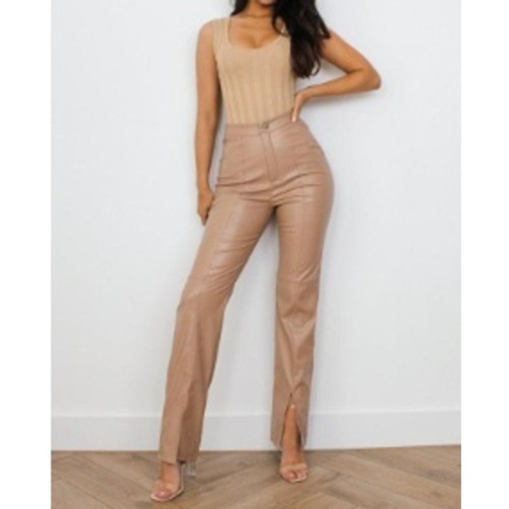 NWT Missguided Women's Mocha Brown Faux Leather Split Front Trouser Pants 6